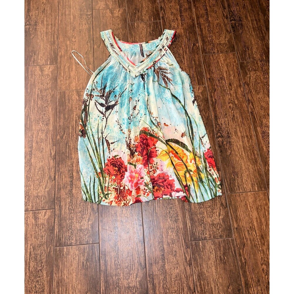 Sienna Rose Turquoise Floral Chiffon Sleeveless Halter Top - M